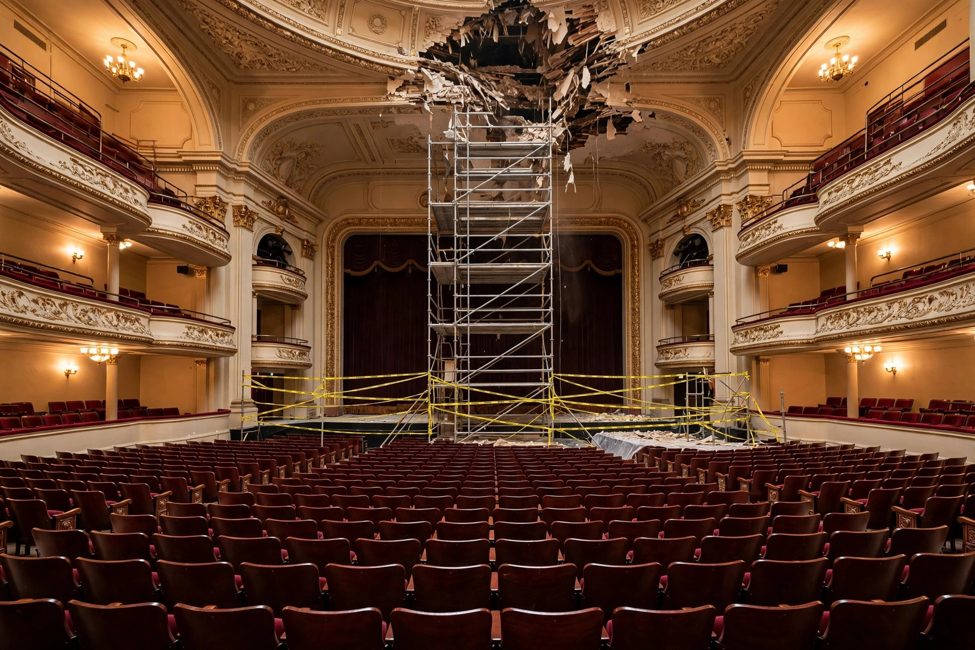 Damaged concert hall ceiling cordoned off with caution tape and scaffolding