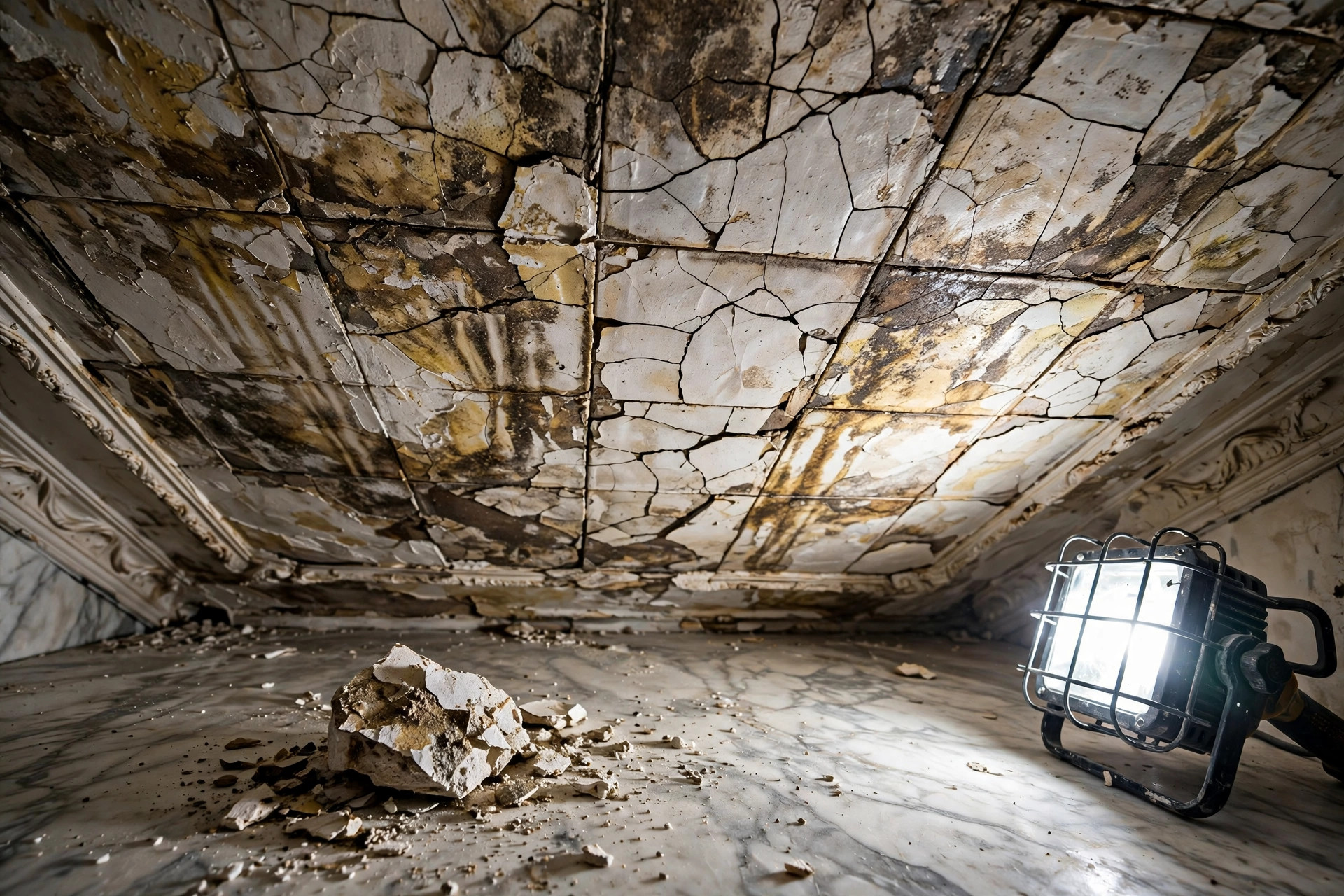 Cracked and water-stained ceiling plaster in the Kennedy Center foyer