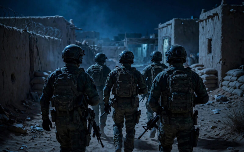 Lioness season 3 finale: special operations team silhouettes moving through a desert compound at night