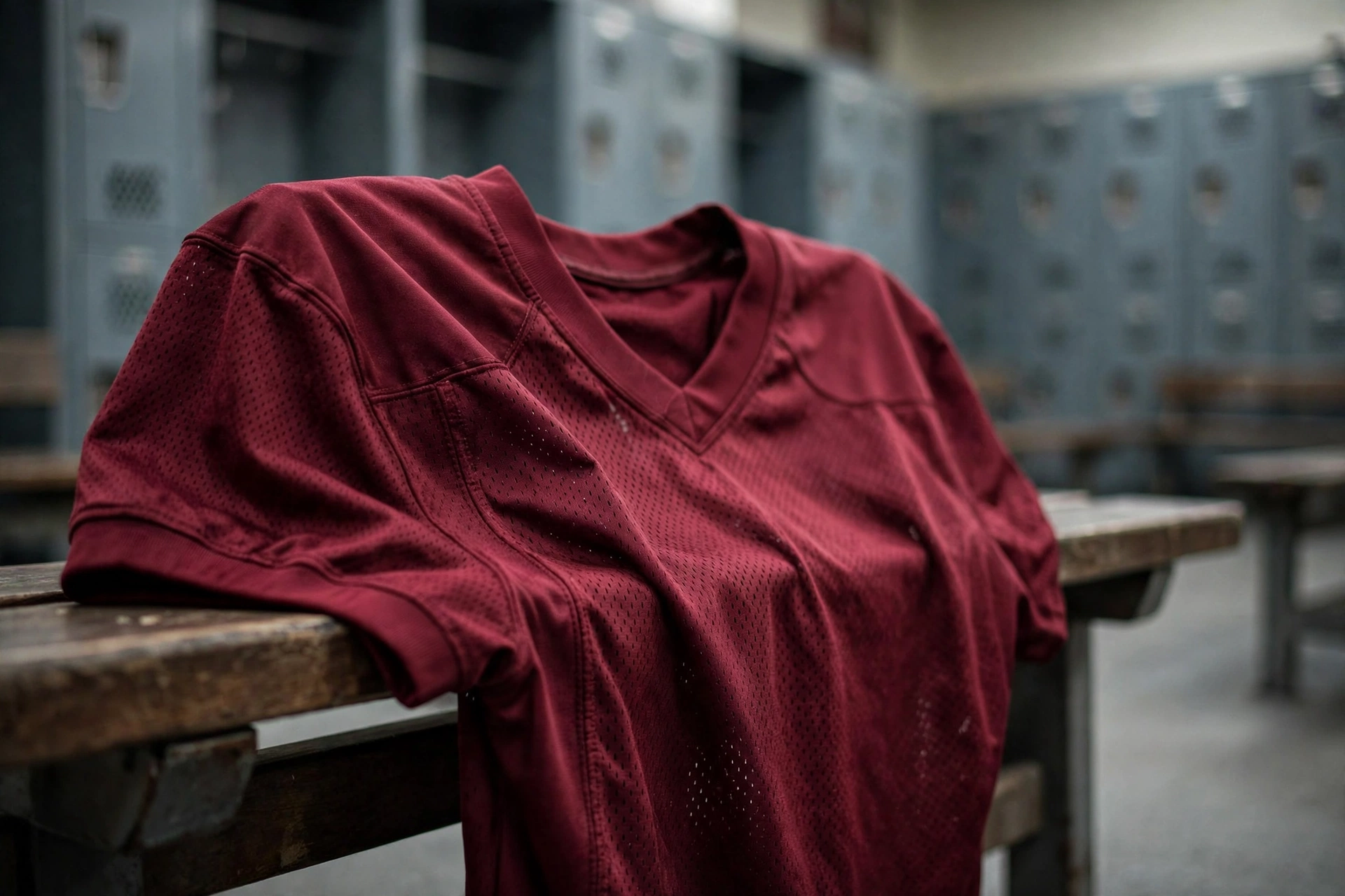 Generic maroon college football jersey on a locker room bench, illustrating the Marcel Reed doxxing incident