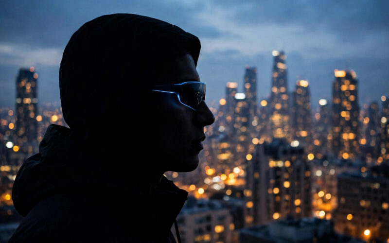 Meta Muse AI agent concept: person wearing AI smart glasses silhouetted against a glowing city skyline
