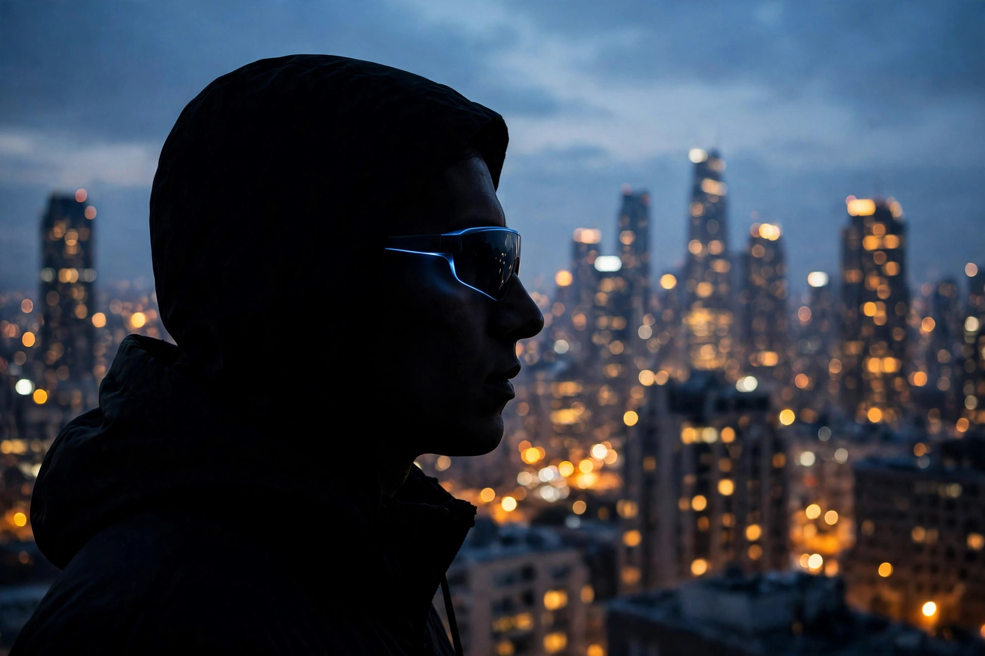 Meta Muse AI agent concept: person wearing AI smart glasses silhouetted against a glowing city skyline