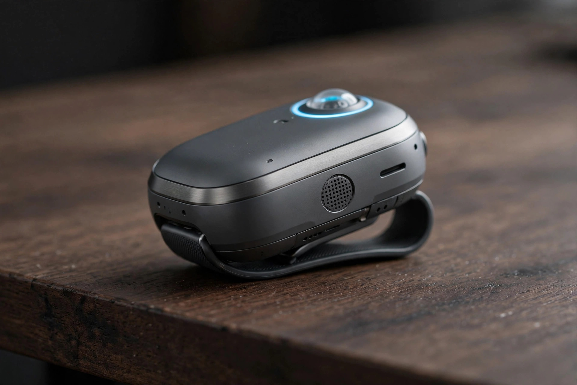 Futuristic AI wearable gadget resting on a desk in soft studio light