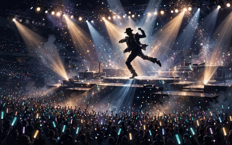 Music biopic movie poster display with spotlight celebrating the Michael biopic box office record