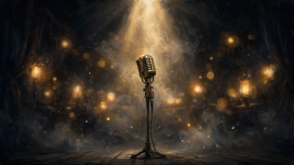 Glittering stage with spotlight and microphone evoking a music biopic about the Michael biopic's box office milestone