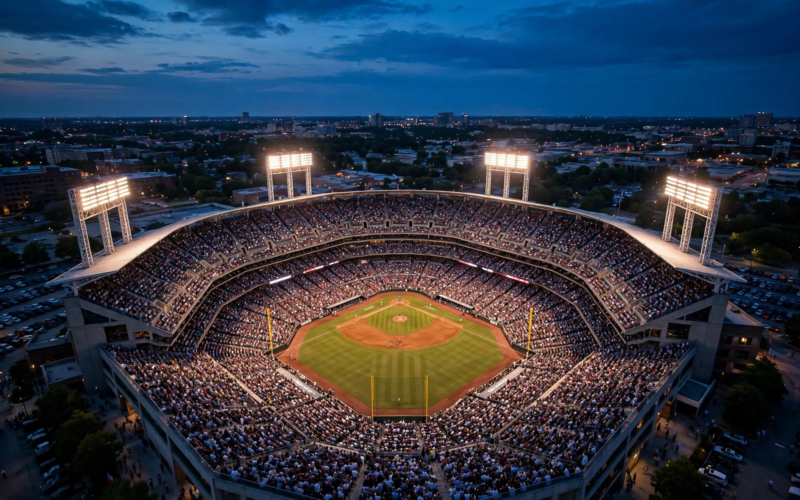 Baseball stadium packed under October lights illustrating the MLB playoff bracket 2026 Yankees Red Sox wild card showdown