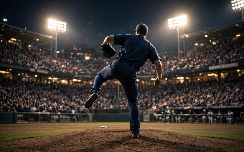 MLB wild card Game 1 — pitcher on the mound under bright stadium lights at night