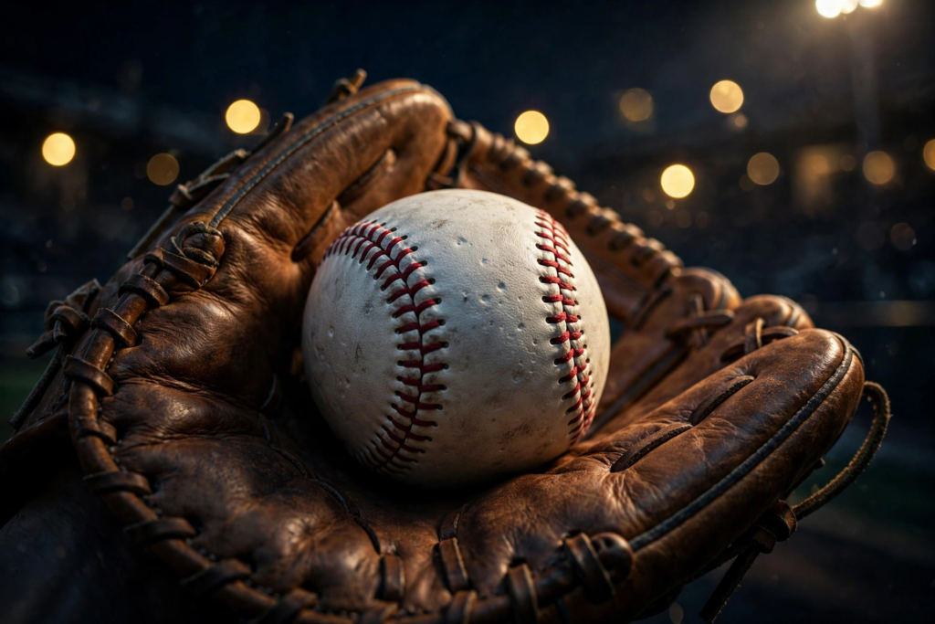 Baseball and glove under stadium lights before MLB wild card Game 1