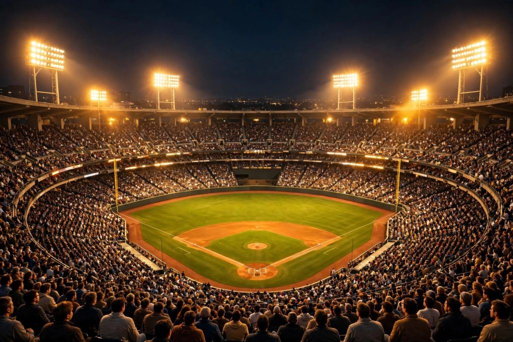 Packed baseball stadium at night ahead of MLB wild card Game 1
