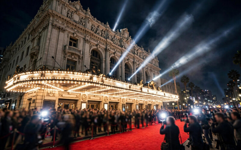 MTV VMAs 2026: Los Angeles theater lit up at night with red carpet crowds and searchlights ahead of the awards show