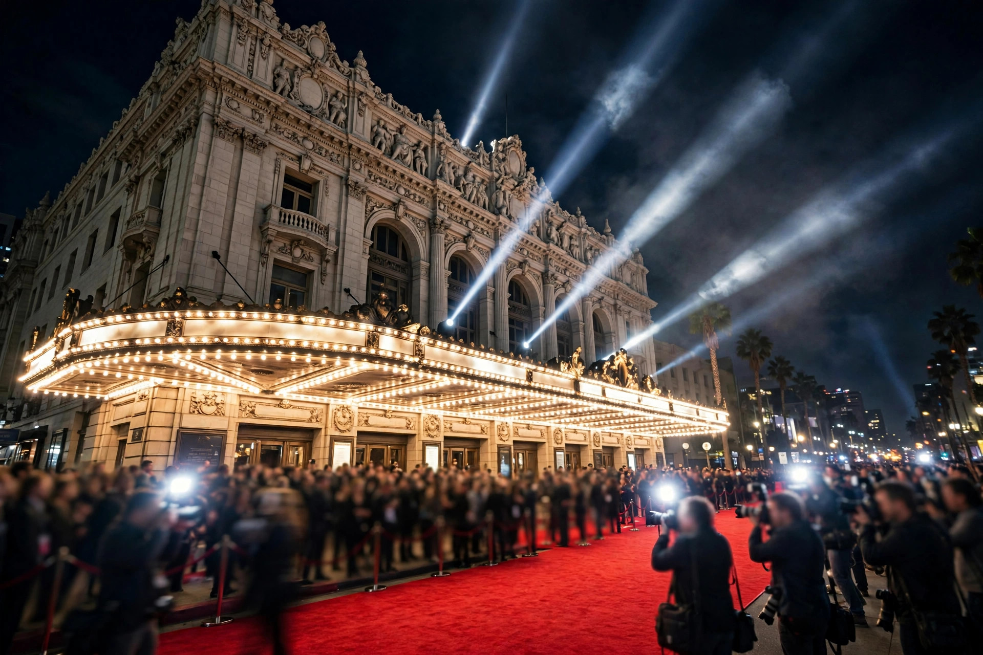MTV VMAs 2026: Los Angeles theater lit up at night with red carpet crowds and searchlights ahead of the awards show