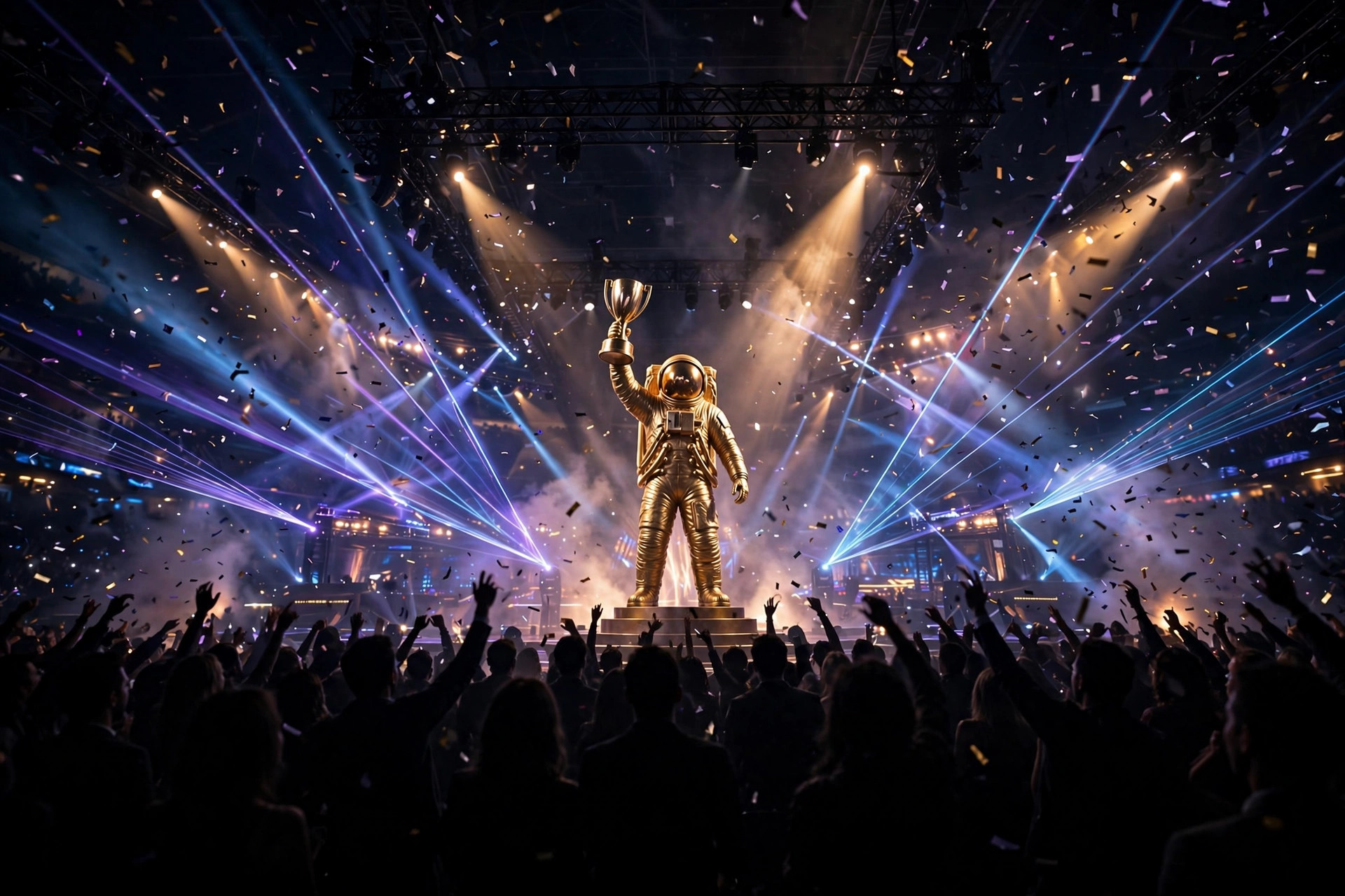 MTV VMAs 2026 stage with golden trophy statue silhouette, spotlights and confetti over the audience