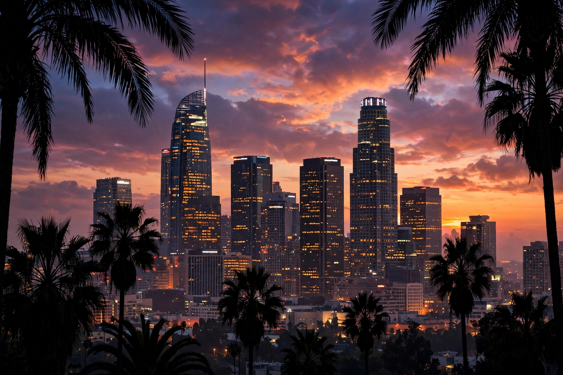 Los Angeles downtown skyline at dusk ahead of the MTV VMAs 2026 at the Peacock Theater