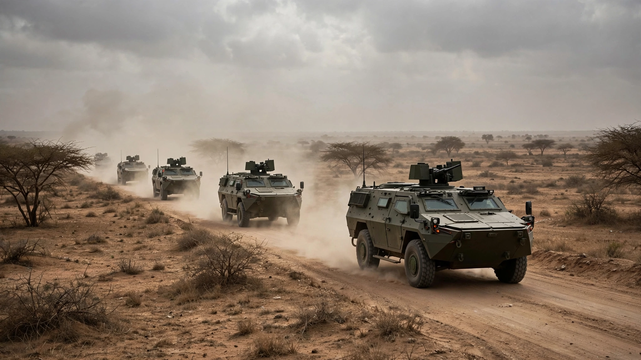 Illustration of a convoy of armored vehicles on a desert road representing the ambushed convoy in the Niger security forces killed attacks