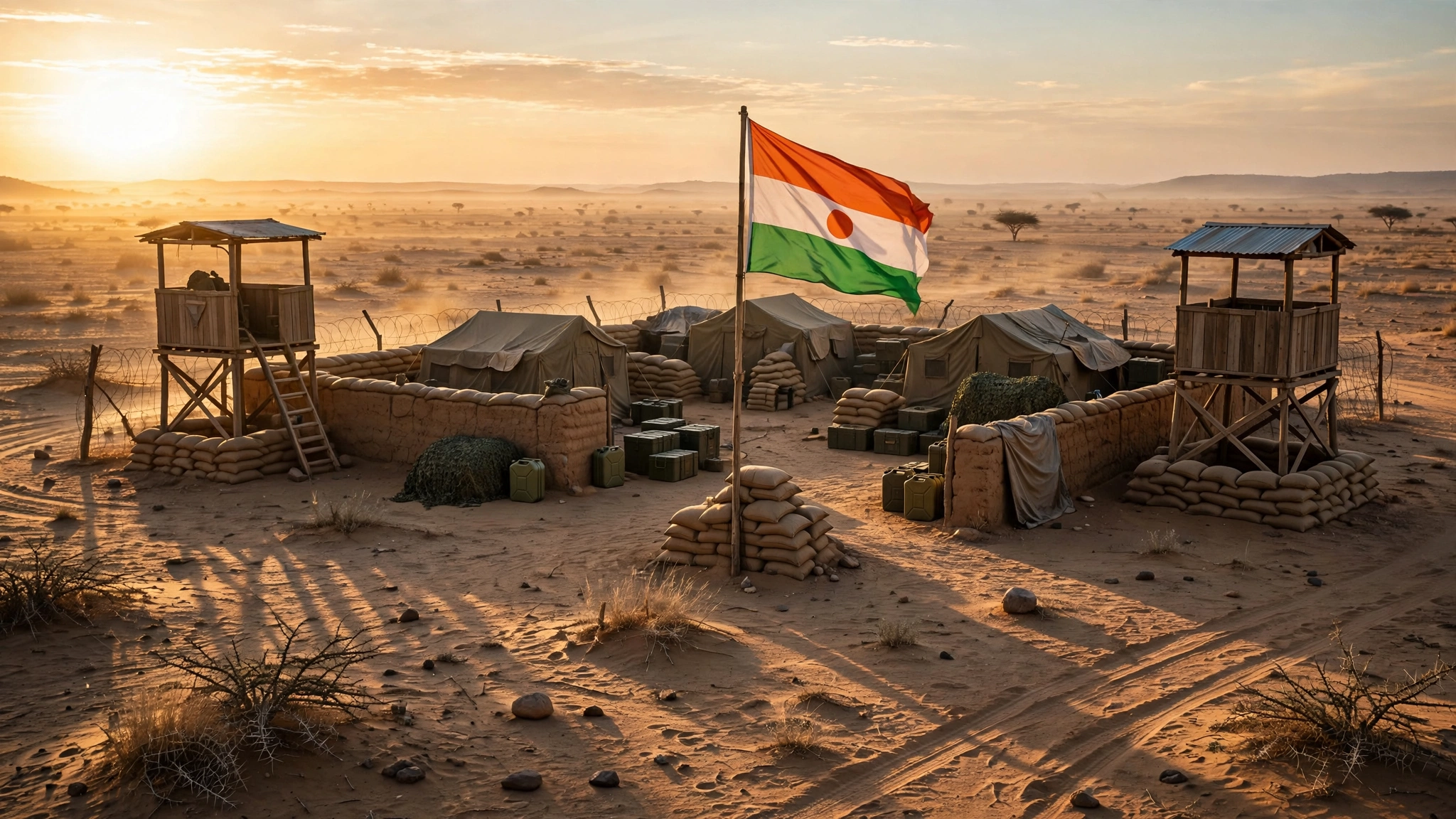 AI-composed wide shot of a military outpost at sunrise evoking the Niger security forces killed attacks near Birni-N'Konni