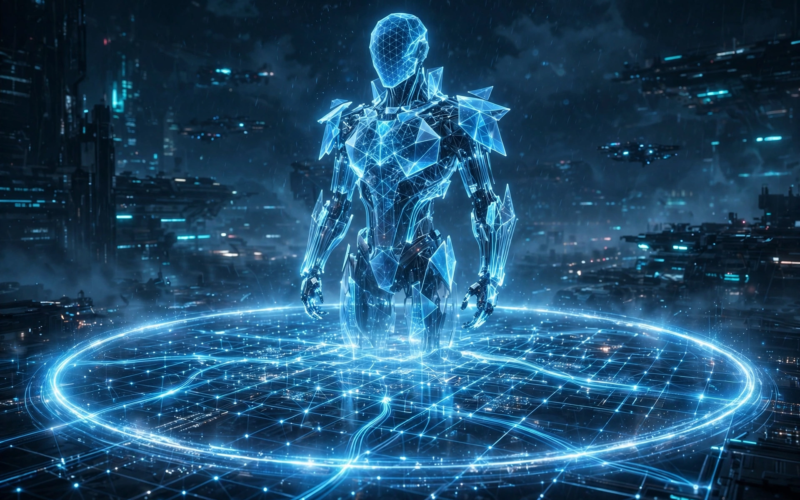 Nvidia OpenShell AI safety concept: glowing robotic sentinel guarding a network grid