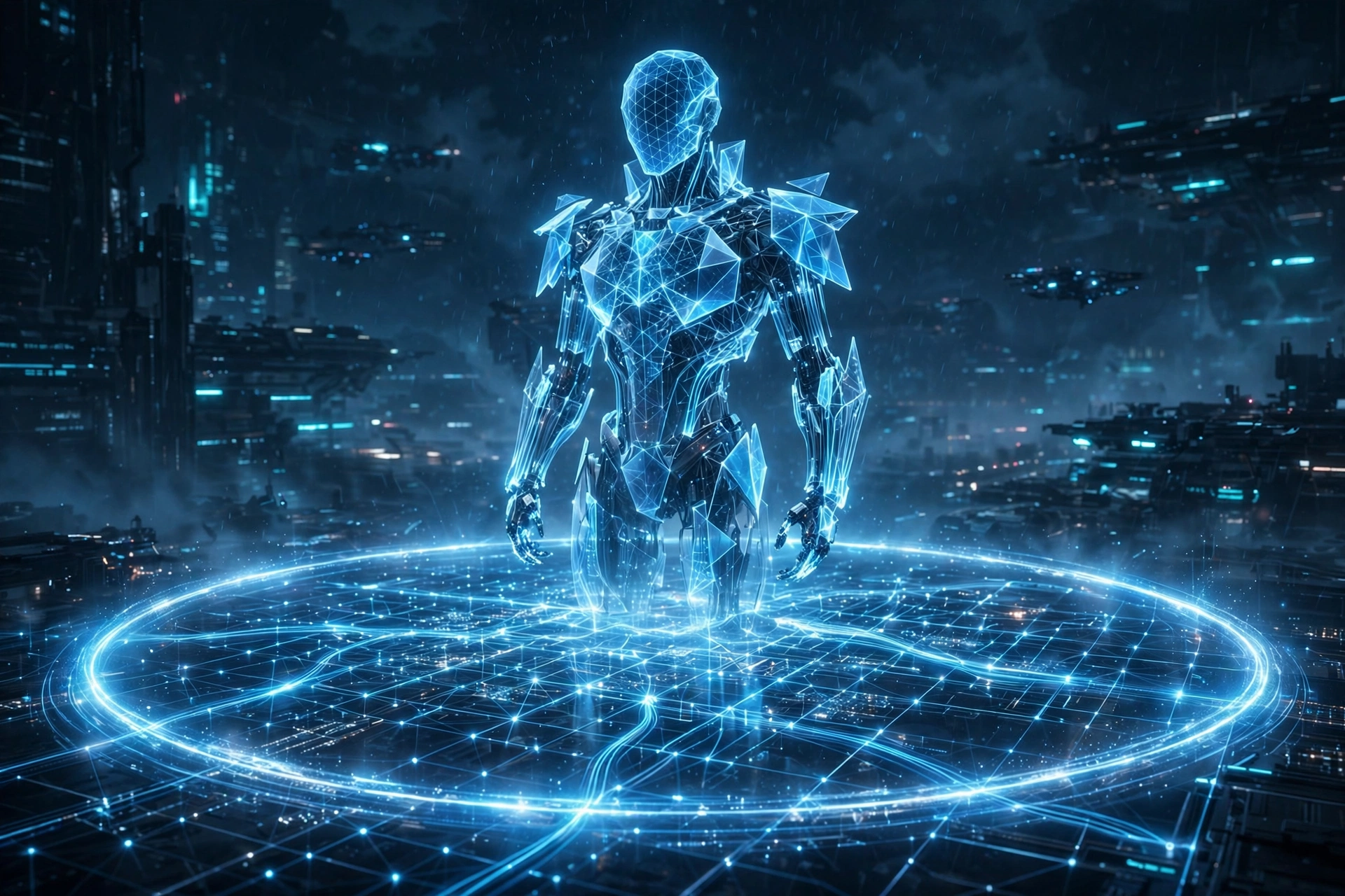 Nvidia OpenShell AI safety concept: glowing robotic sentinel guarding a network grid