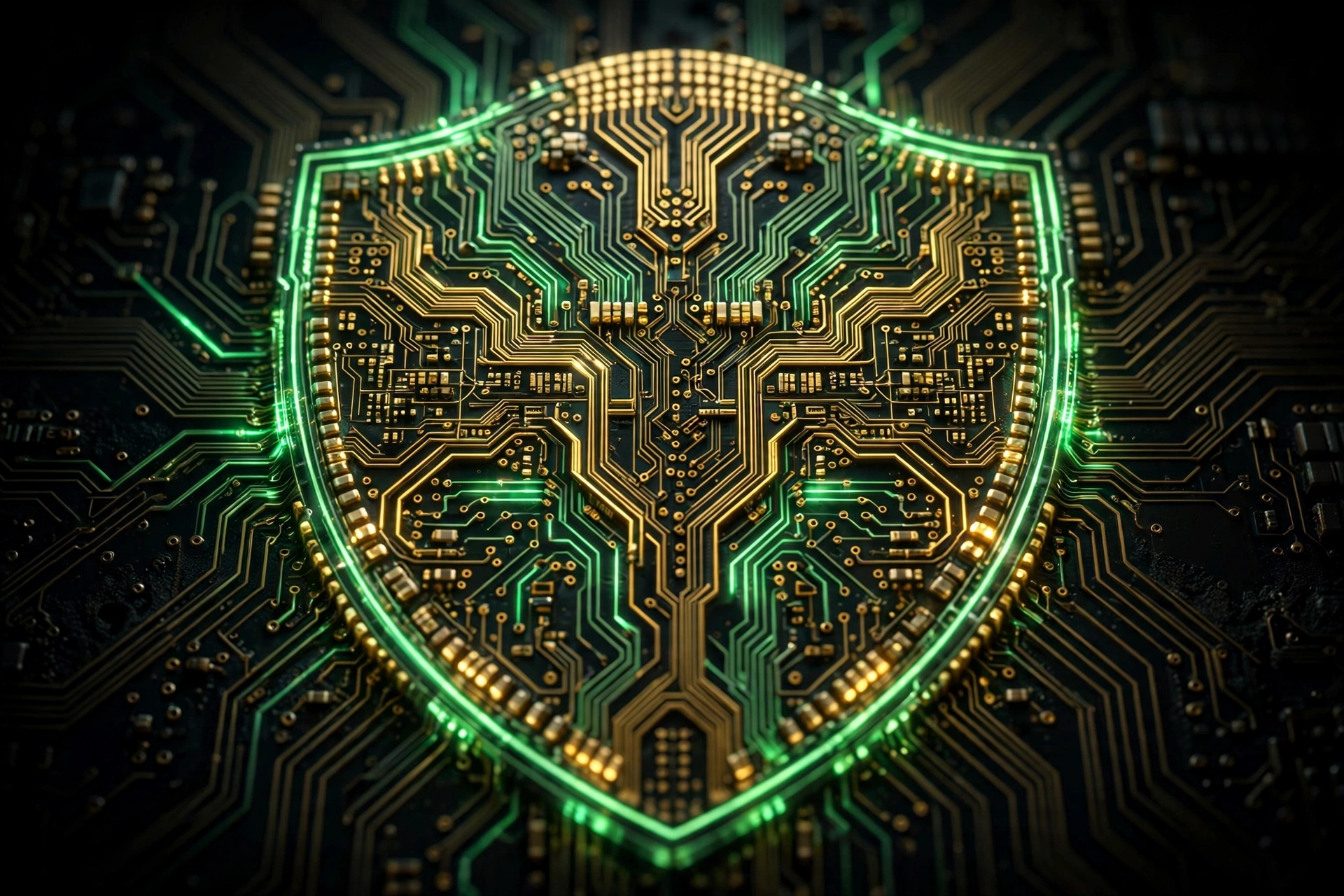 Nvidia OpenShell AI safety: circuit pathways forming a shield emblem