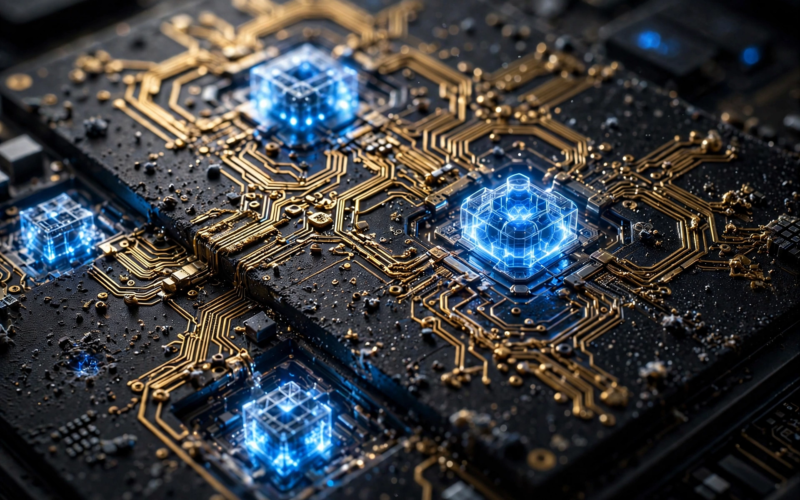 Nvidia RTX PRO 5500 China: macro art of a futuristic GPU chip with glowing cores