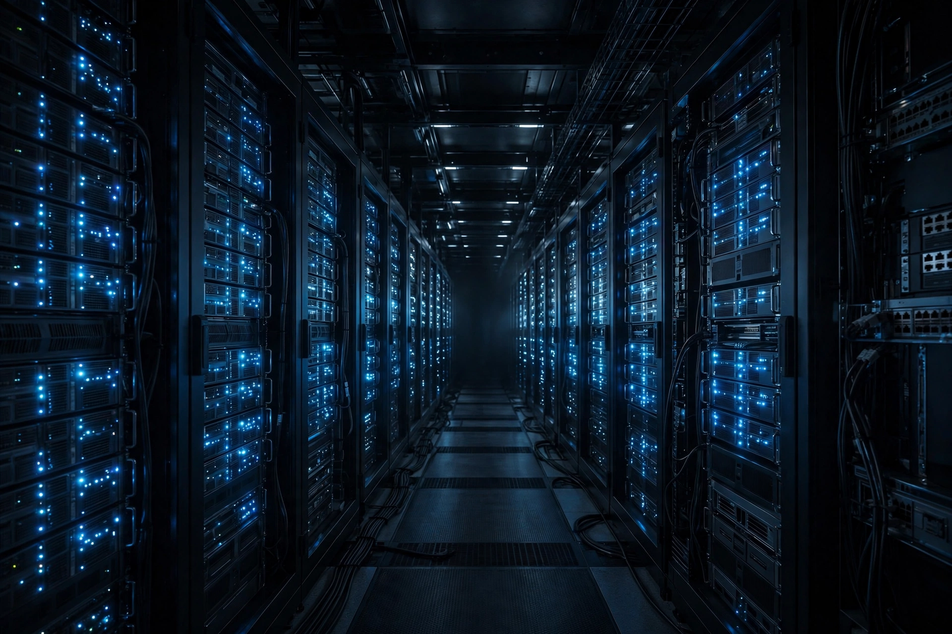 Nvidia RTX PRO 5500 China: data center server corridor with glowing lights