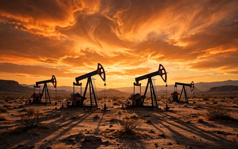 Oil pumpjacks at sunset illustrating the Brent crude oil price diesel record high today on the Iran standoff