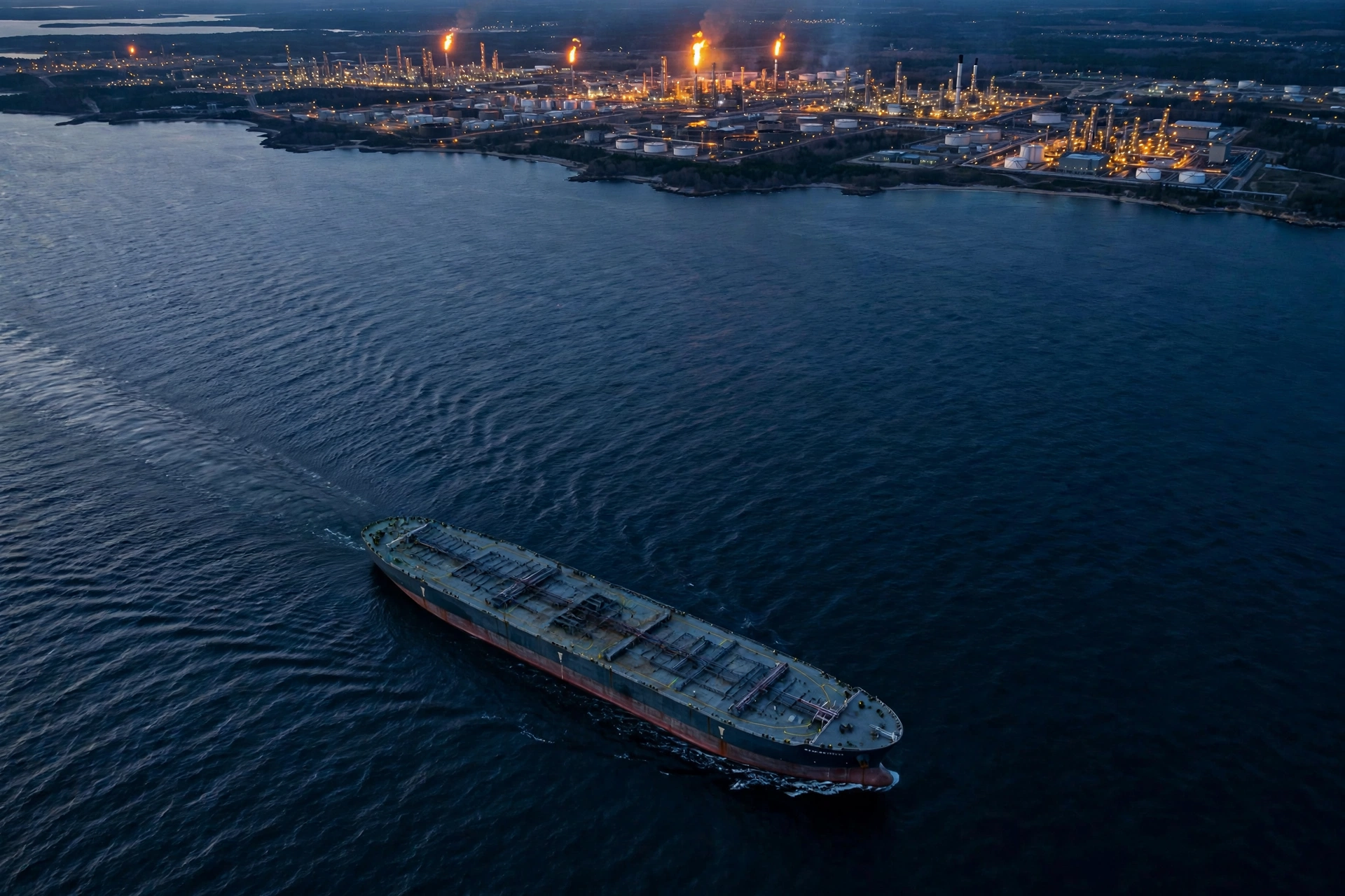 An oil tanker sailing past a refinery at dusk as the Brent crude oil price diesel record high today climbs