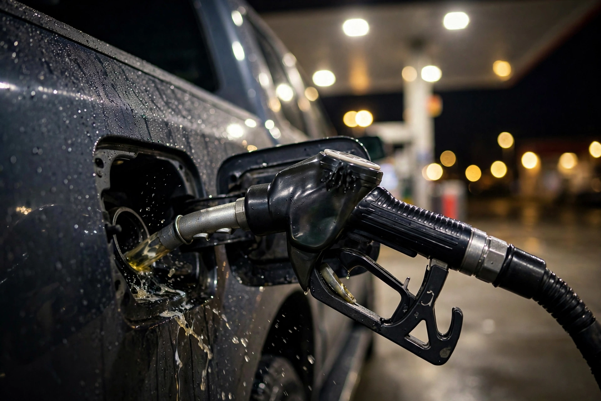 Fuel nozzle filling a truck tank at night capturing the Brent crude oil price diesel record high today at the pump