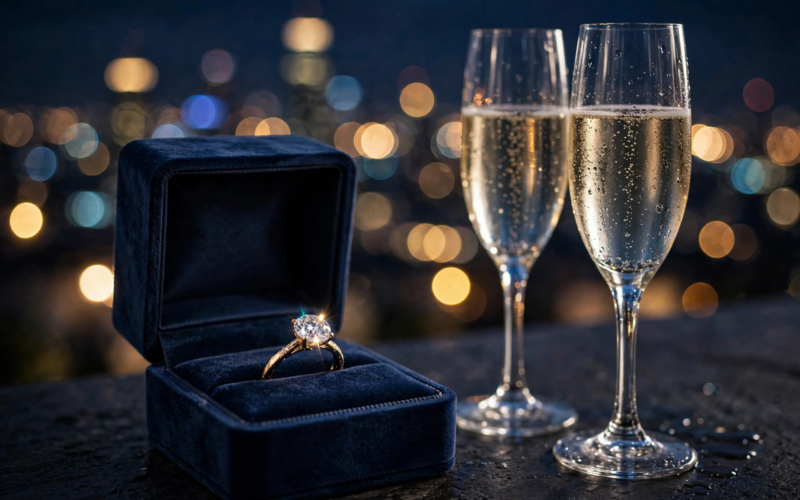 Sparkling engagement ring close-up with champagne glasses celebrating Pauly D engaged to Nikki Hall