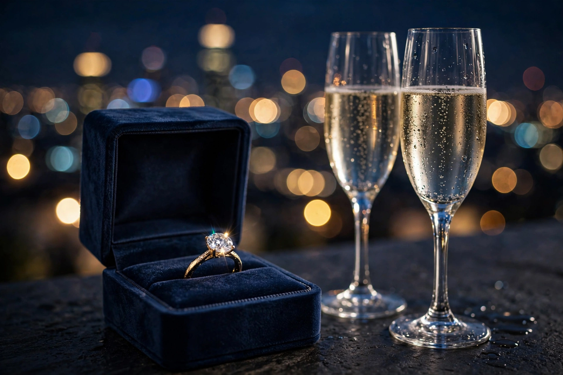 Sparkling engagement ring close-up with champagne glasses celebrating Pauly D engaged to Nikki Hall