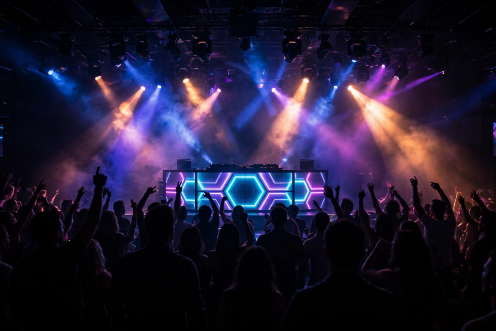 Las Vegas nightclub stage with DJ booth and crowd lights for Pauly D engaged Nikki Hall proposal