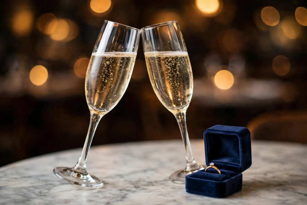 Champagne toast with ring box symbolizing Pauly D engaged to Nikki Hall after six years
