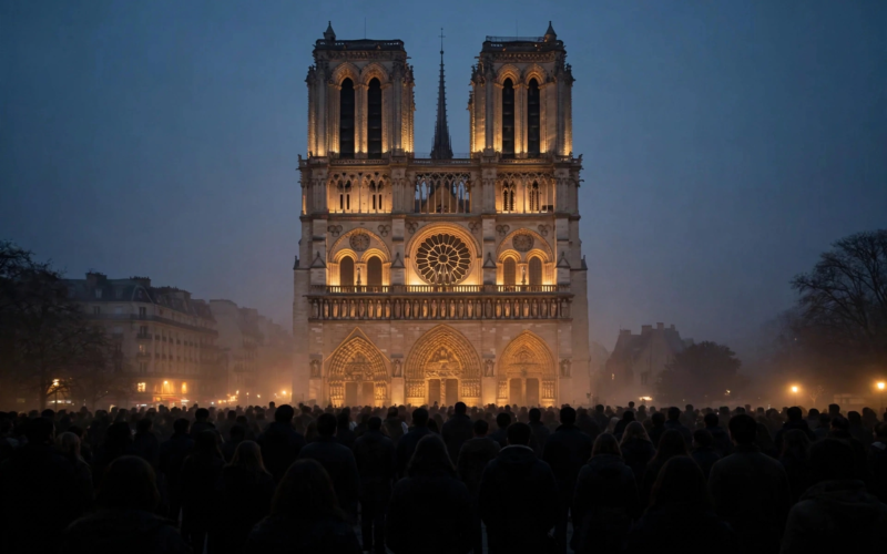 Silhouette of Notre Dame Cathedral at dusk with crowds gathered during the Pope Leo XIV France visit