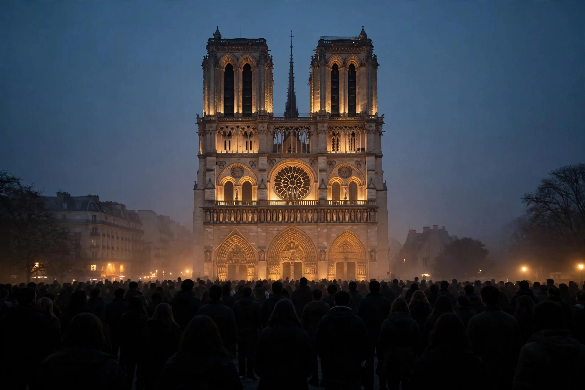 Silhouette of Notre Dame Cathedral at dusk with crowds gathered during the Pope Leo XIV France visit