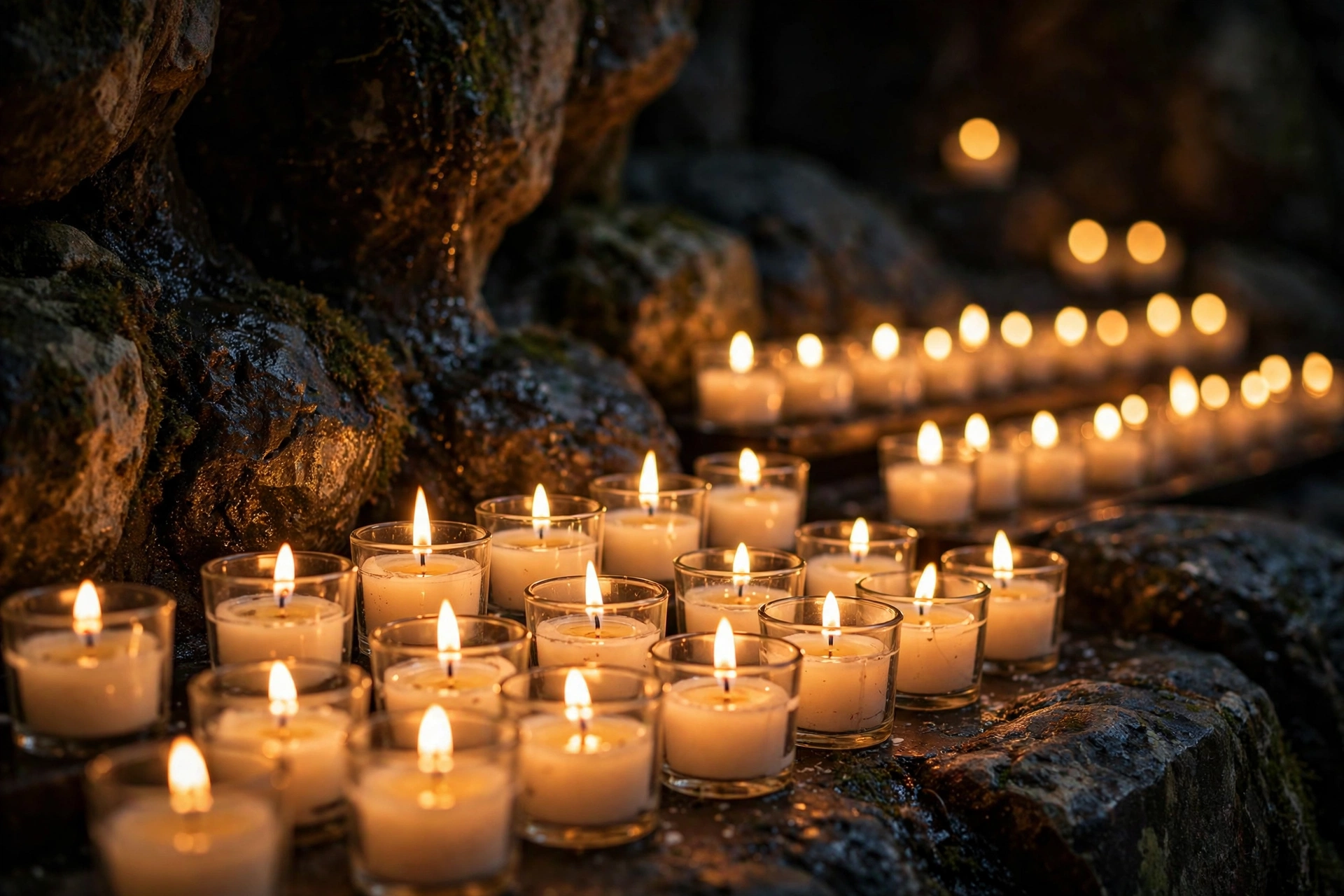 Rows of lit candles at the Lourdes grotto shrine during the Pope Leo XIV France visit