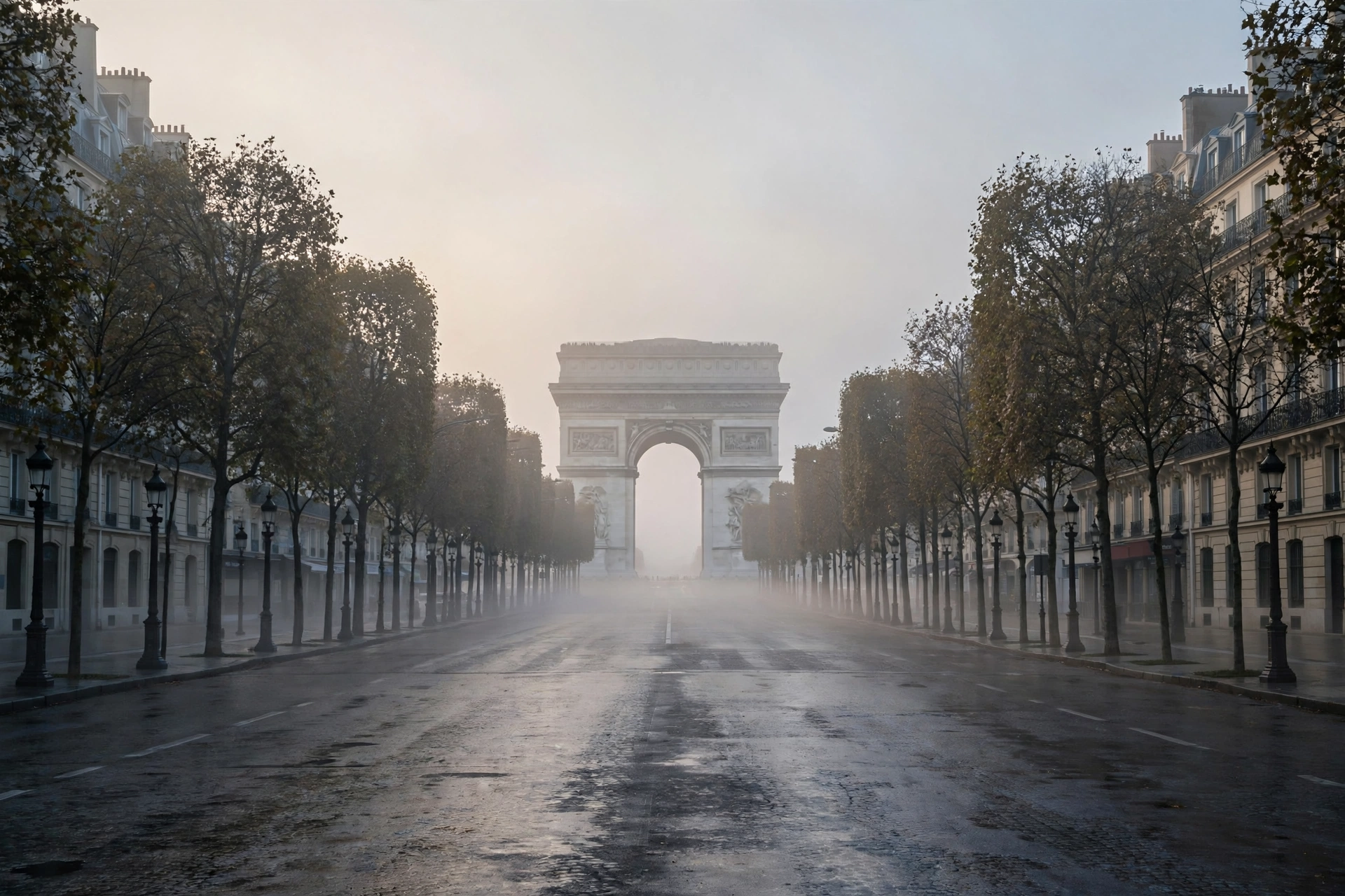 The Champs-Élysées avenue and Arc de Triomphe at dawn ahead of the Pope Leo XIV France visit mass
