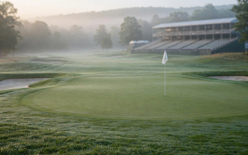 Medinah Country Club golf green at dawn ahead of the Presidents Cup 2026 final round attended by Trump