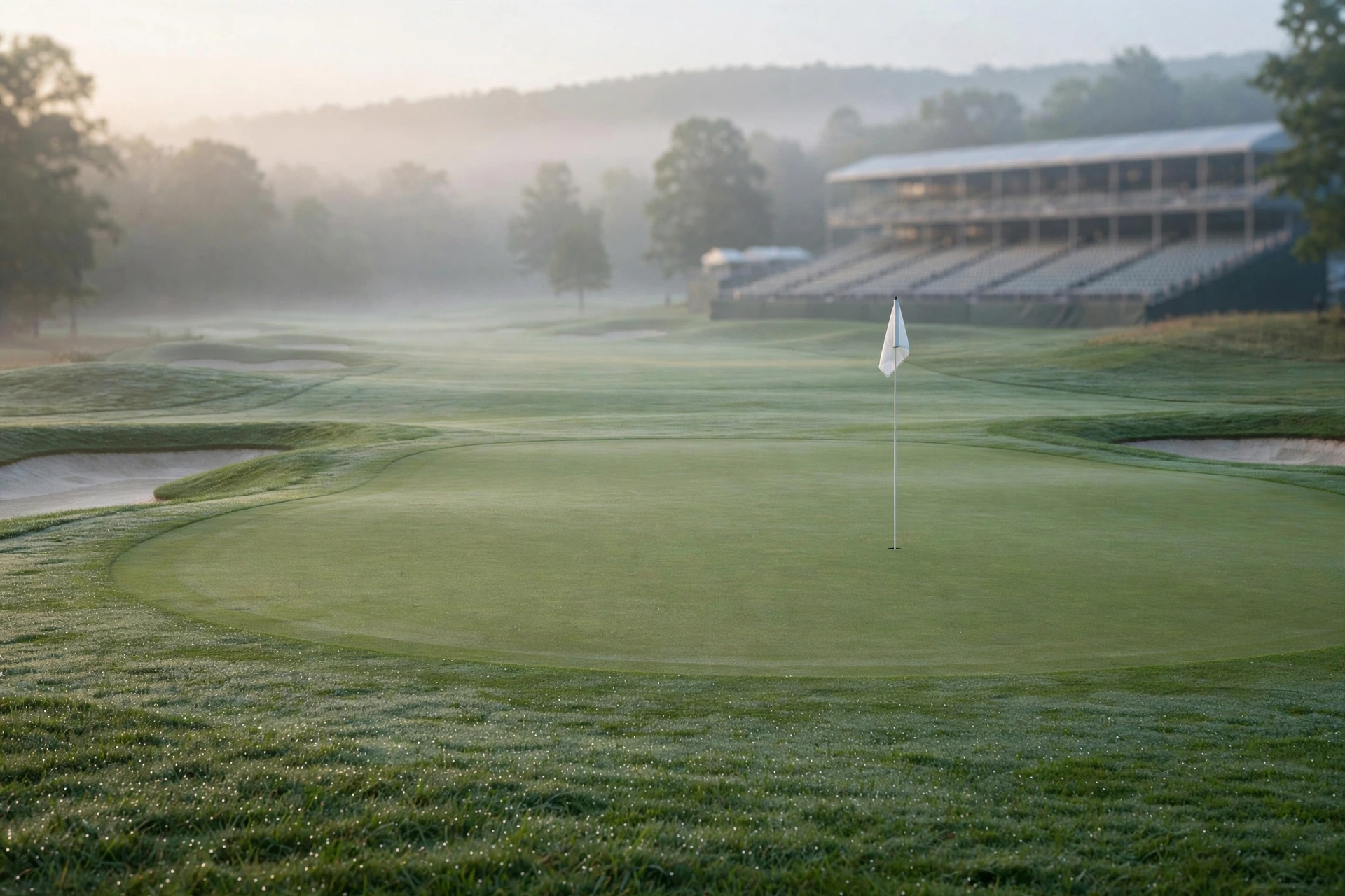 Medinah Country Club golf green at dawn ahead of the Presidents Cup 2026 final round attended by Trump