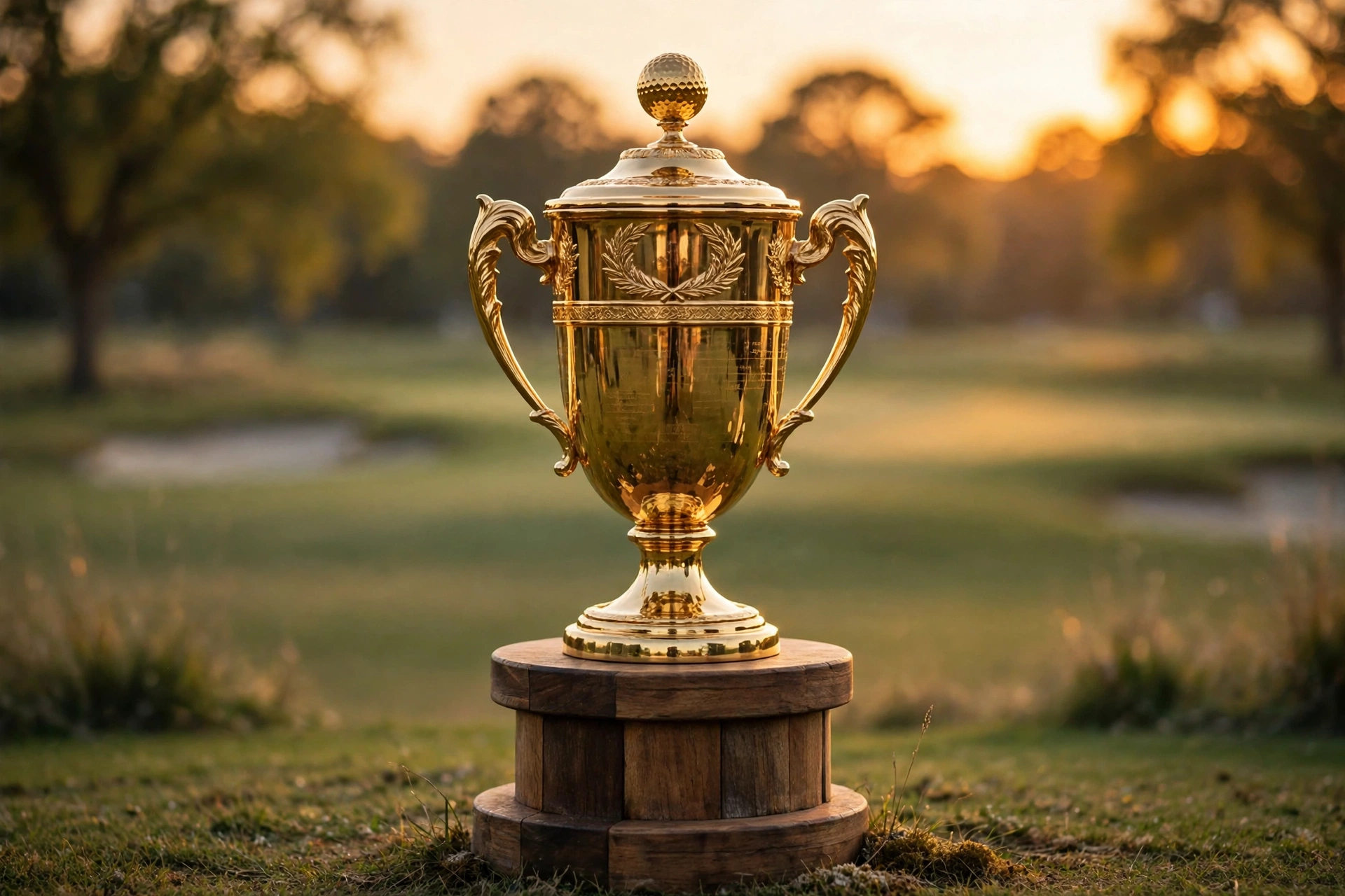 Gold golf trophy on display at the Presidents Cup 2026 at Medinah