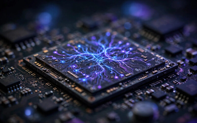 Snapdragon 8 Elite Gen 6 mobile chip concept with glowing AI circuitry on a dark background