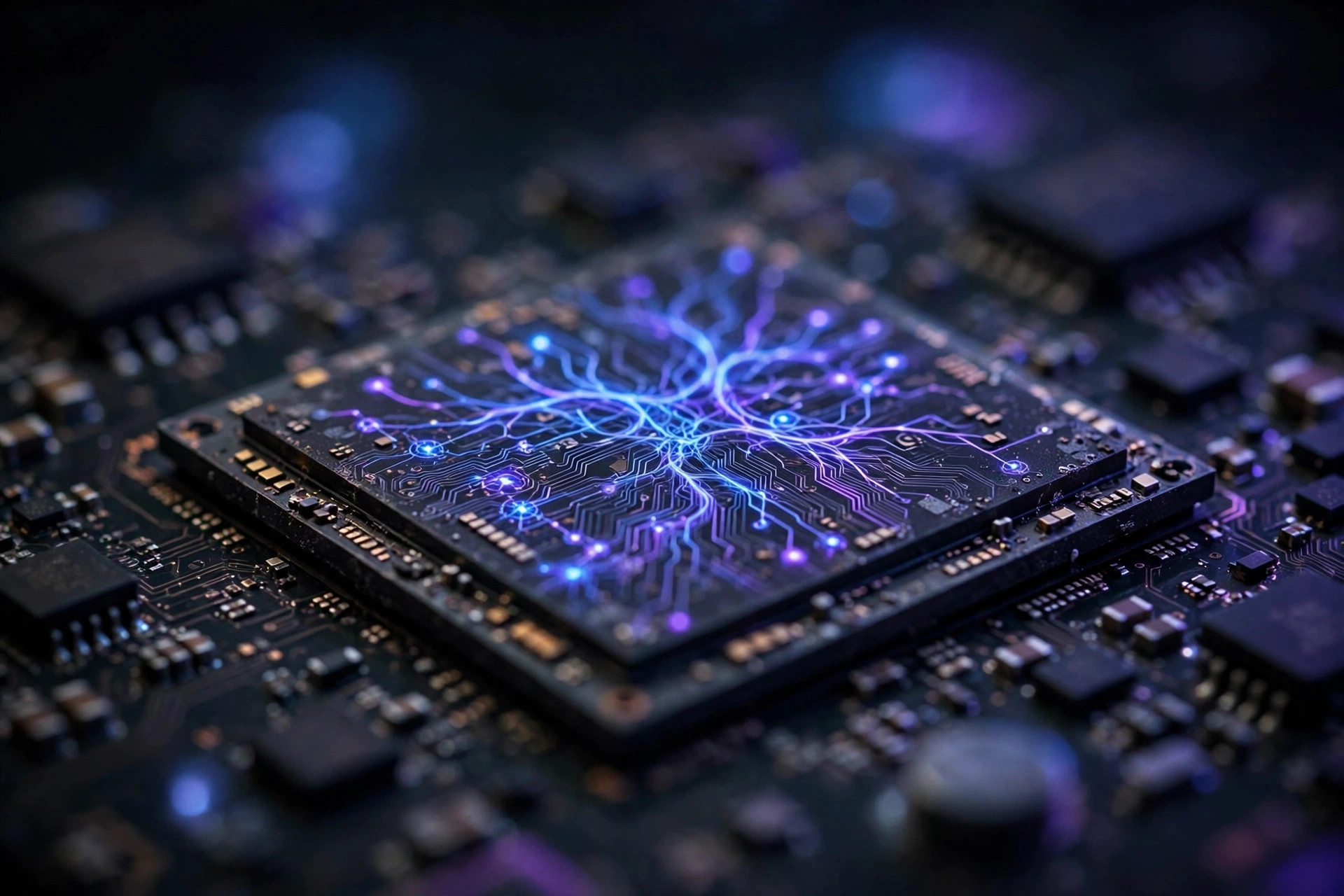 Snapdragon 8 Elite Gen 6 mobile chip concept with glowing AI circuitry on a dark background