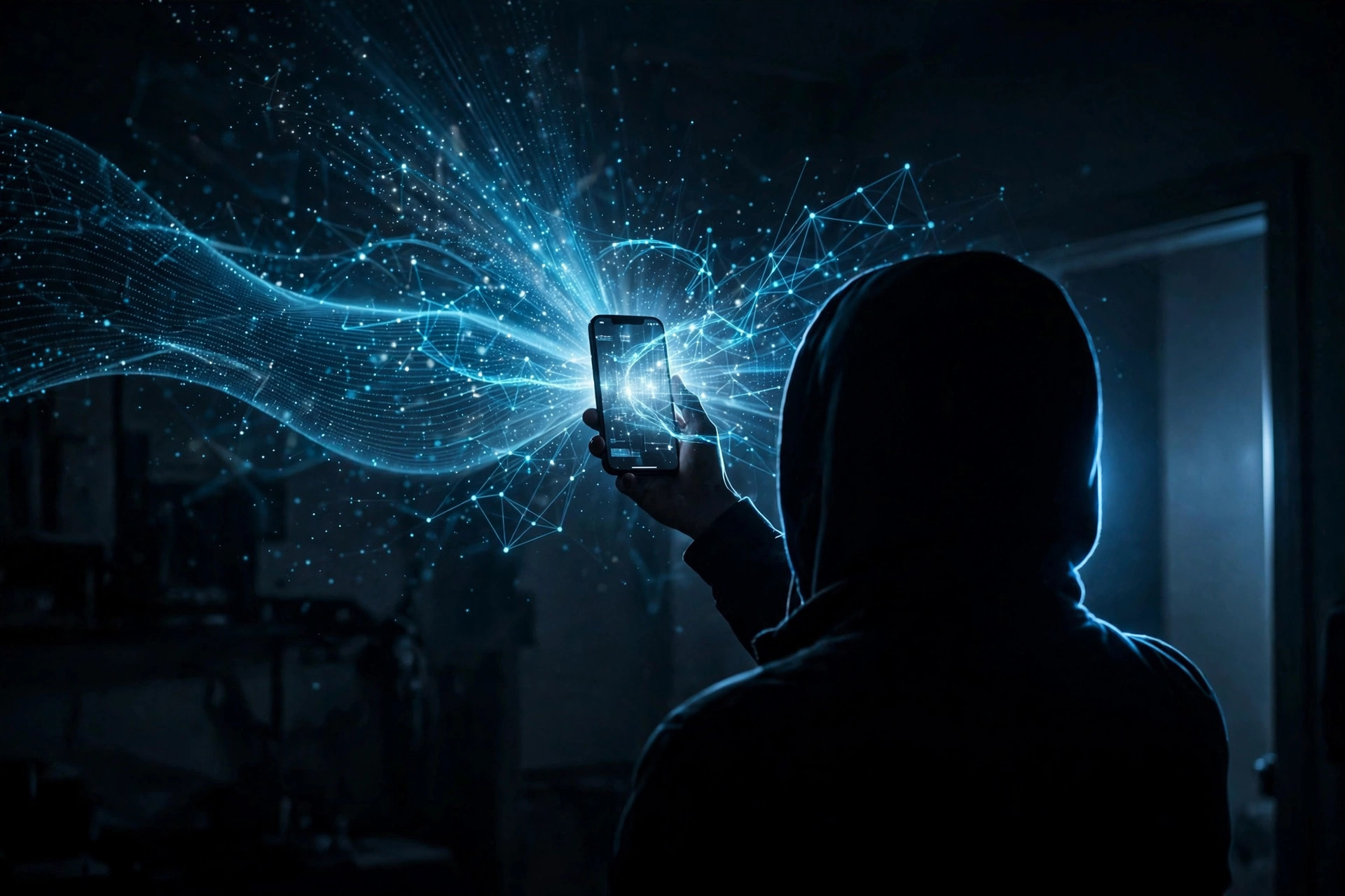 Silhouette of a person holding a smartphone displaying a glowing holographic AI interface