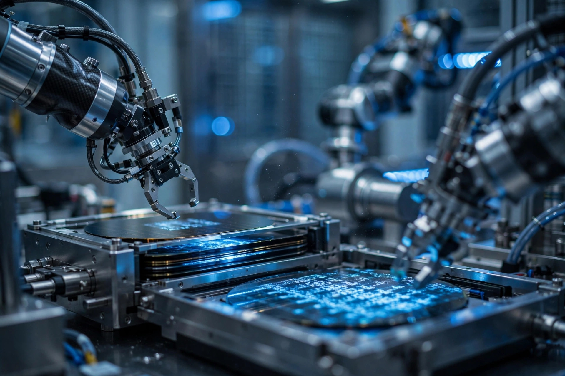 Close-up of semiconductor chip manufacturing equipment in a fabrication lab