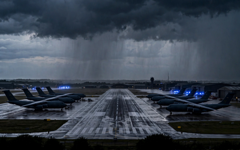 RAF Fairford airbase at dusk with bomber silhouettes on the runway after the RAF Fairford arrests, with Trump saying suspects sought big damage