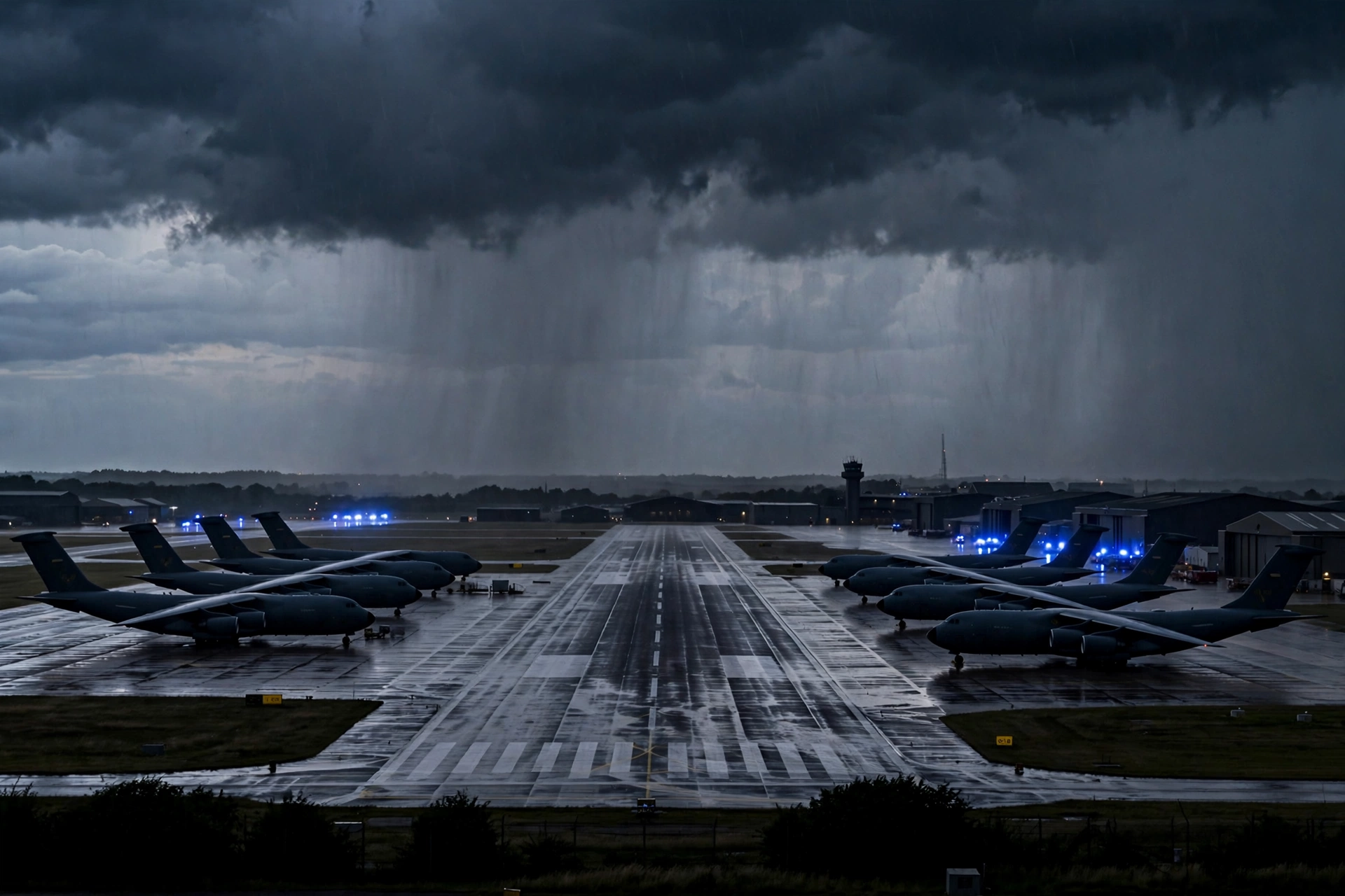 RAF Fairford airbase at dusk with bomber silhouettes on the runway after the RAF Fairford arrests, with Trump saying suspects sought big damage