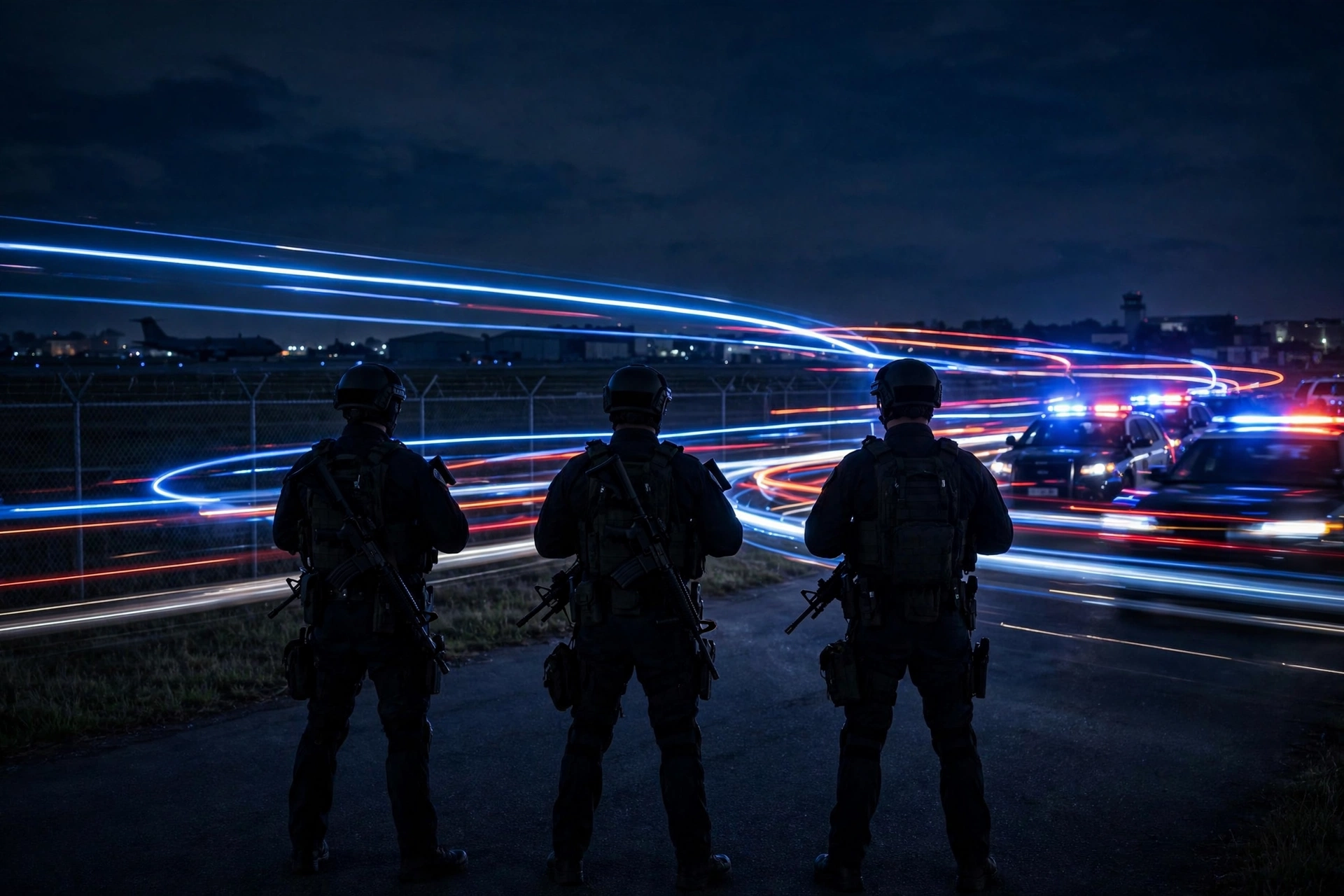 Armed counter-terrorism police securing a perimeter near RAF Fairford at night during the investigation