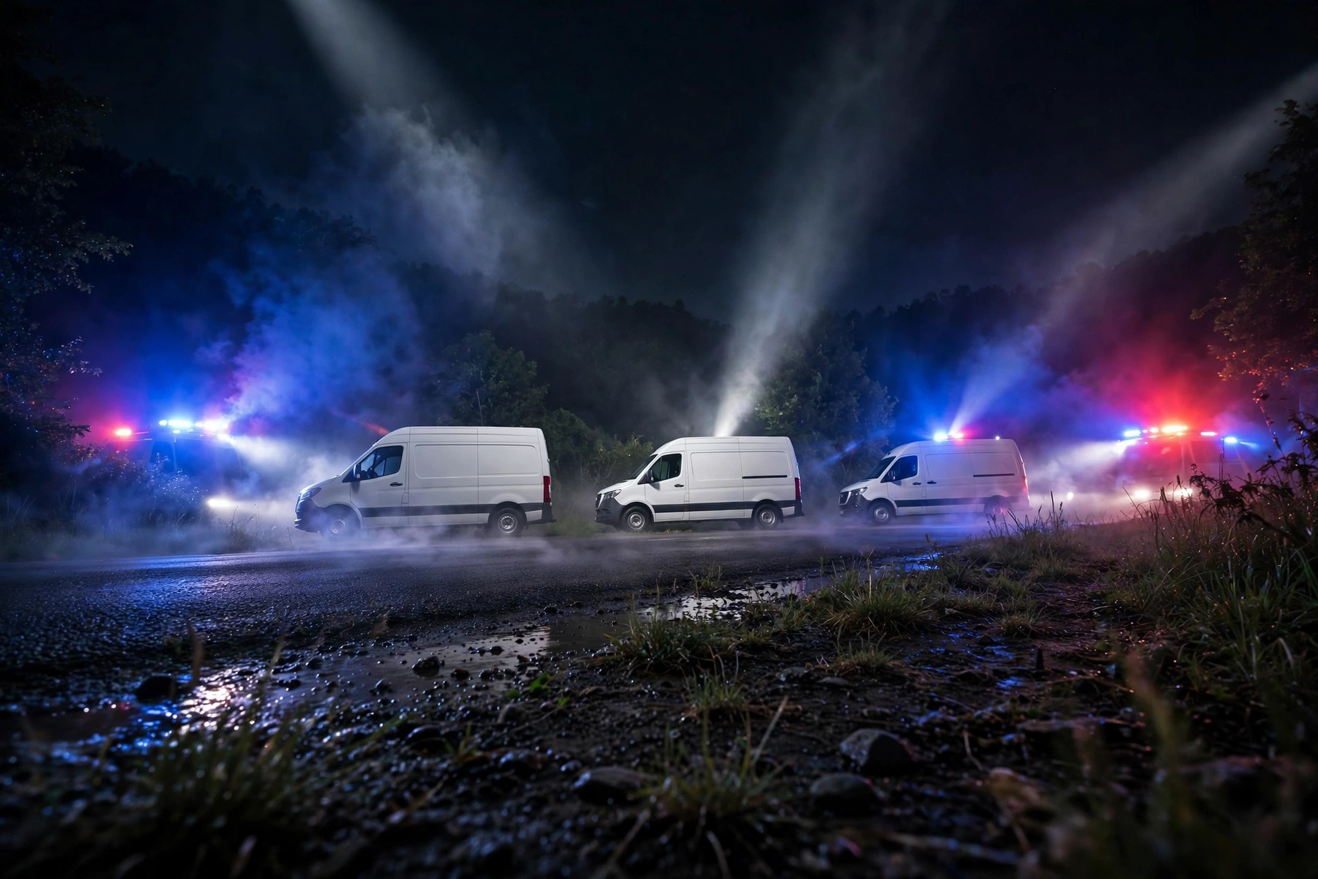 Police spotlights illuminating suspicious vans on a dark rural road near RAF Fairford