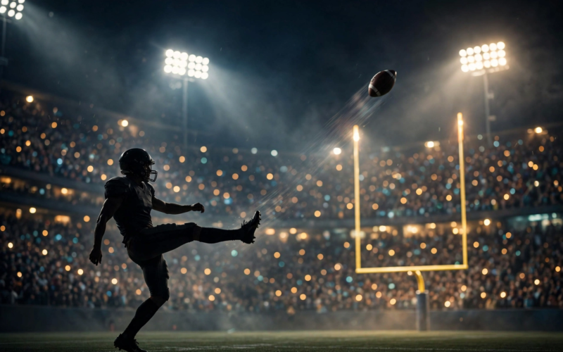 Ravens Cowboys Rio game — kicker silhouette drilling a walk-off field goal under stadium lights