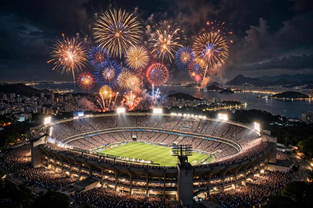 Night view of a packed stadium in Rio de Janeiro during the Ravens Cowboys Rio game