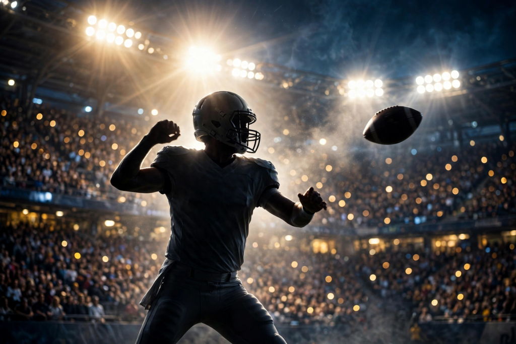Quarterback throwing a pass at night during the Ravens Cowboys Rio game