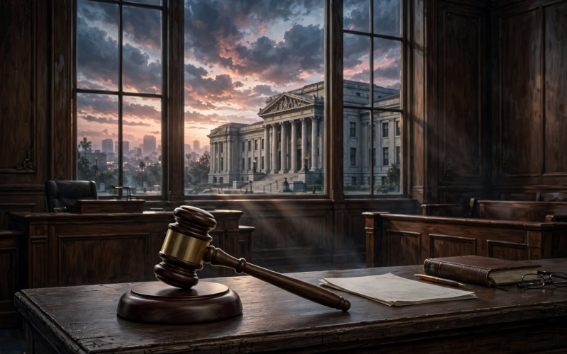 Conceptual courthouse illustration about the Rihanna home shooting suspect's trial ruling